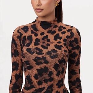 Naked Wardrobe- leopard Print Long Sleeve Mock Neck Top - Brown & Black